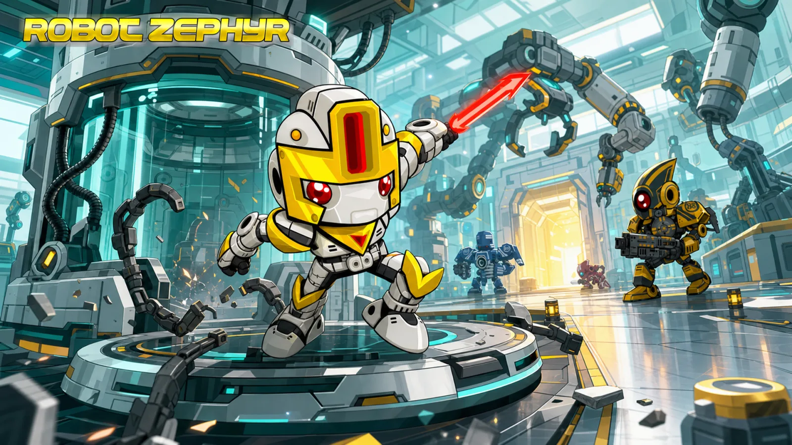 Robot Zephyr breaking free inside a bright automated assembly line
