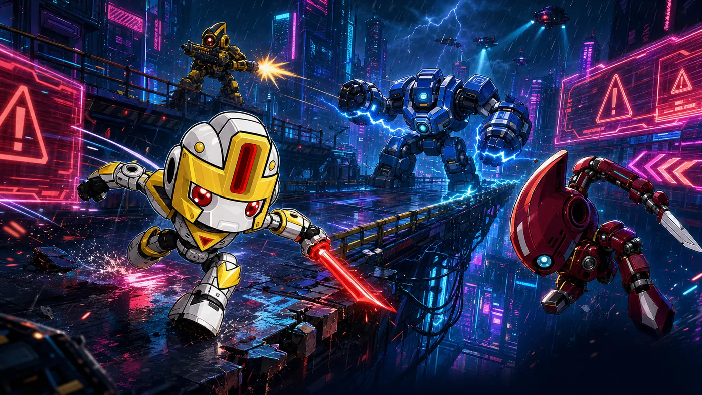 Stylized promotional illustration of Robot Zephyr escaping through a neon city